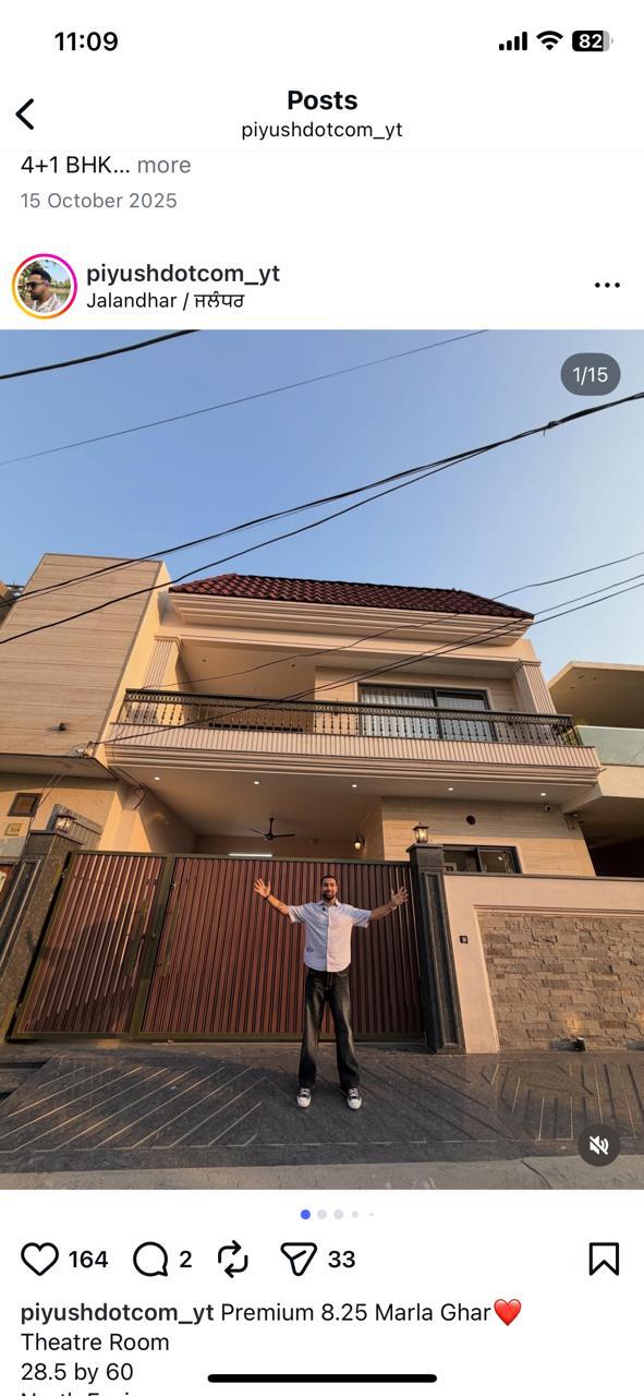 206 gaj ( 8.25 marla, 28.5*60 size, north facing ,30 feet road ,4 bhk + theater ) available for sale in jalandhar