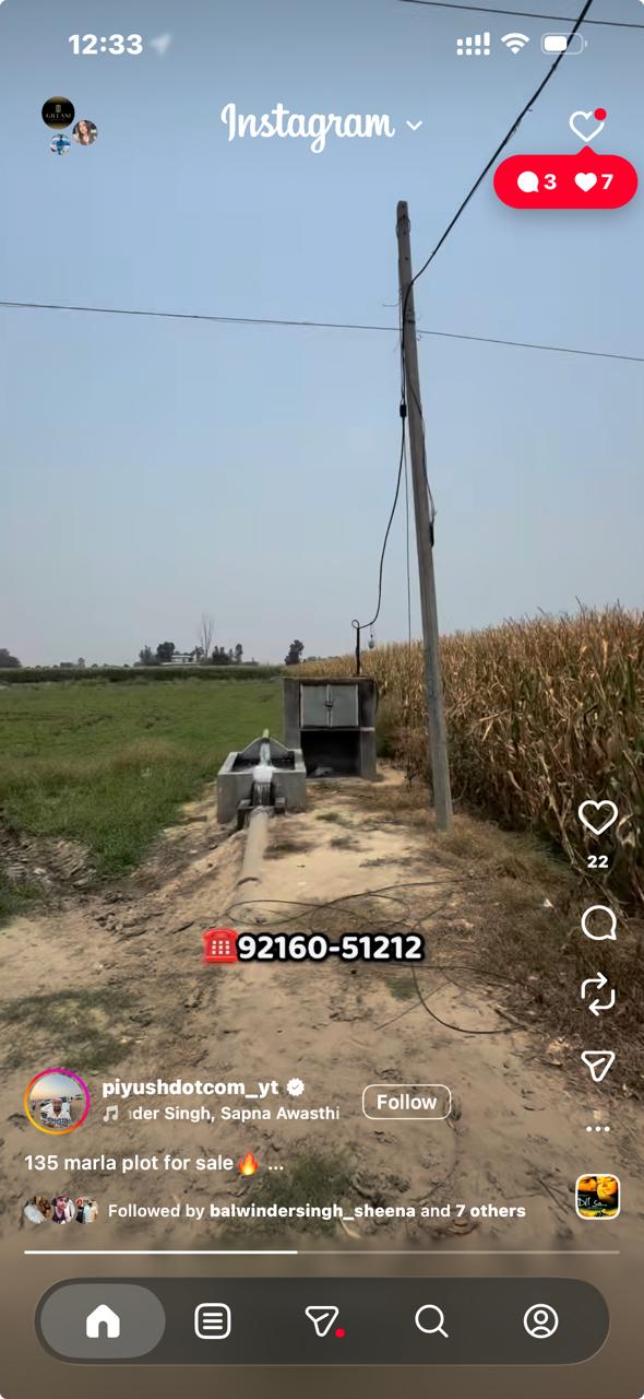 3375 gaj (135 marla 108*258, 3.5 lakhs per marla ,on road , with motor )