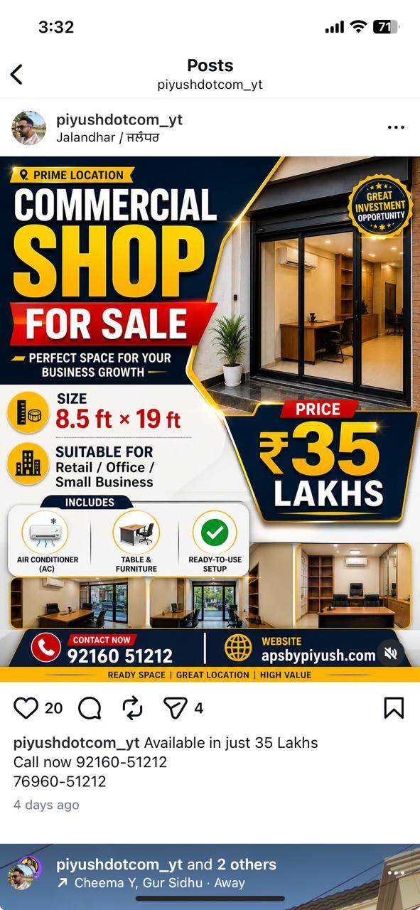 8.5*19    commercial shop for sale , 162 sq feet , on road ,ground floor